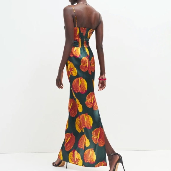 NWT Reformation Frankie Silk Maxi Dress Sz0/4/6 Daiquiri Orange Forest Green - Picture 11 of 12